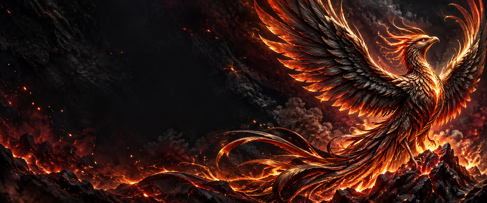 Un fénix de fuego despliega sus alas sobre la arena